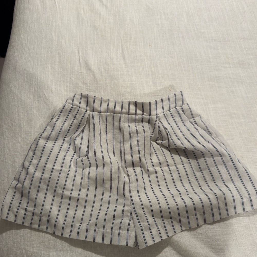 Blue and white pinstripe linen shorts